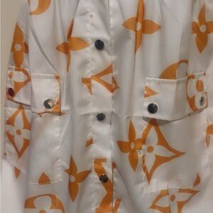 White and Orange Patterned Button-Up Shirt